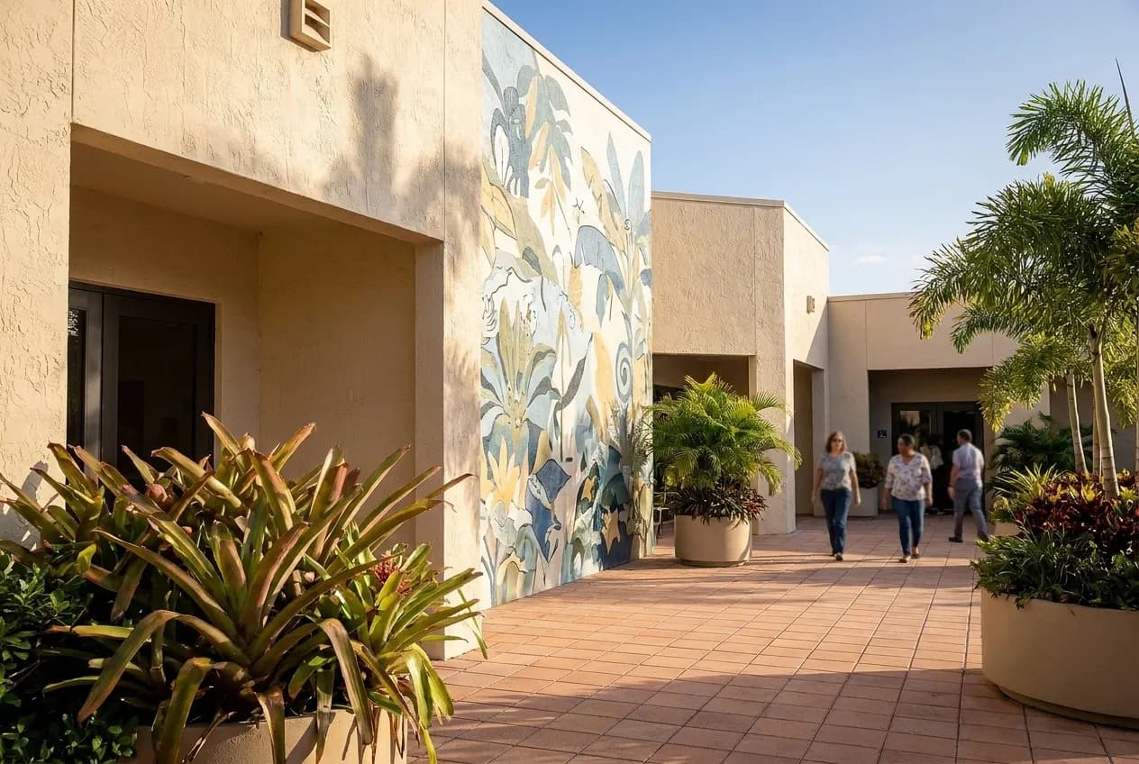 Courtyard and facade of a community cultural centre in Miami