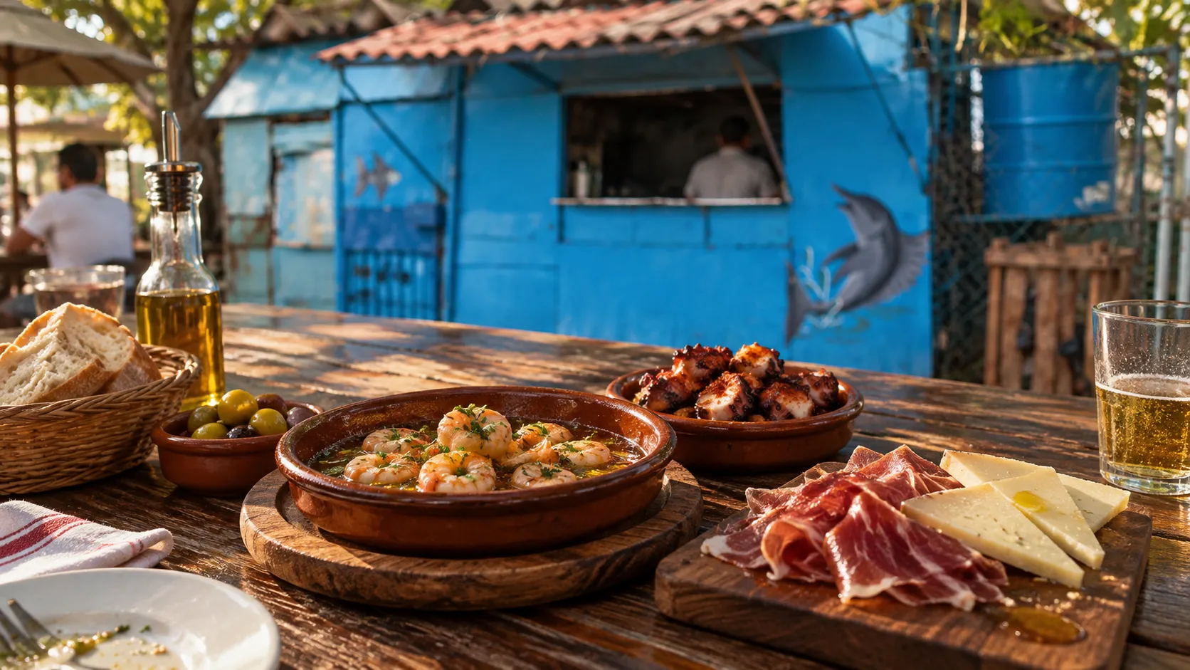 Garlic shrimp, smoked-paprika octopus, serrano ham and manchego arranged on a low wooden table in warm amber light.