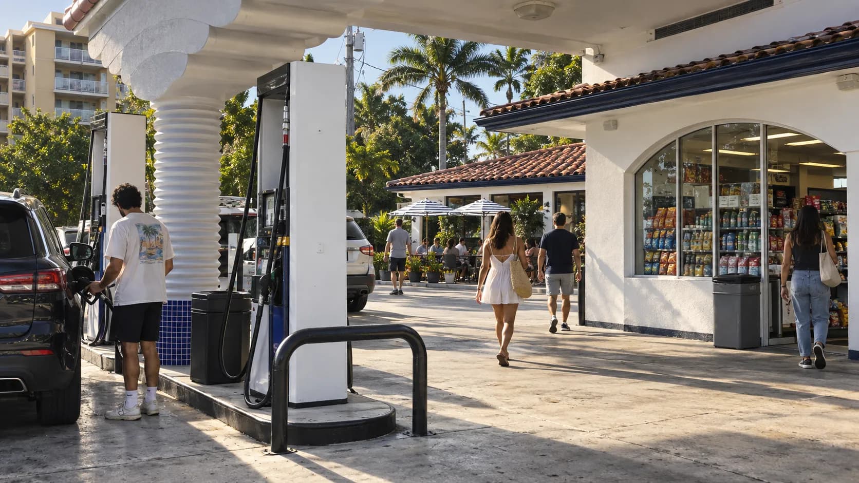Fuel pumps and the convenience-store forecourt lead towards El Carajo's restaurant, with pedestrians crossing the concrete entrance in daylight.