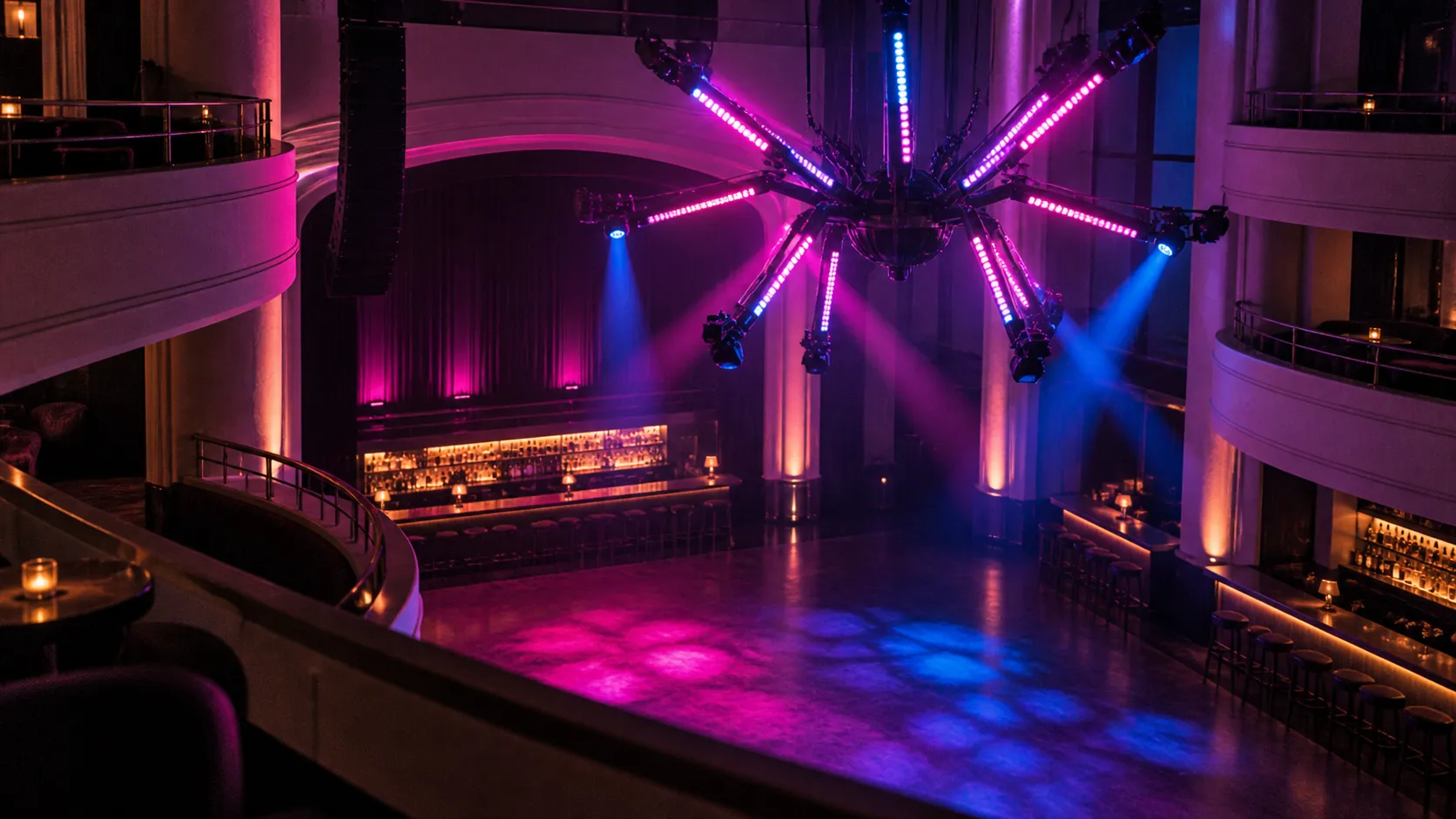 Upper mezzanine view over an empty dance floor, spider-shaped LED installation, layered bars and magenta-cobalt light inside M2 Miami.