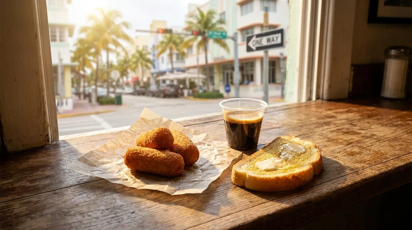 Cuban breakfast spread with croquetas and cafecito at a Miami ventanita