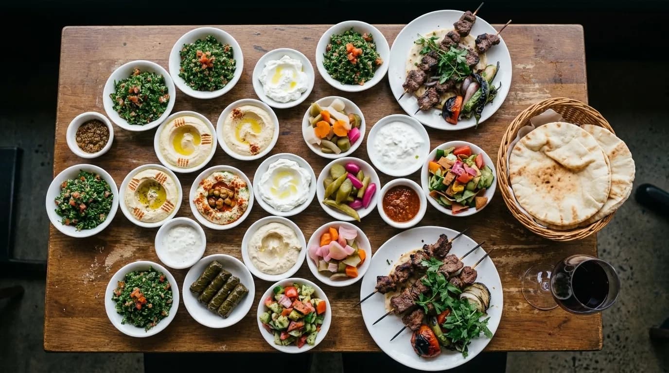 A table covered with small Lebanese mezze plates, grilled meat skewers and a basket of flatbread.