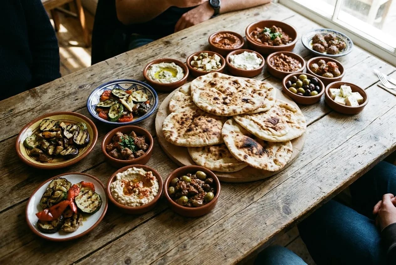 A spread of small plates and warm flatbread photographed from above
