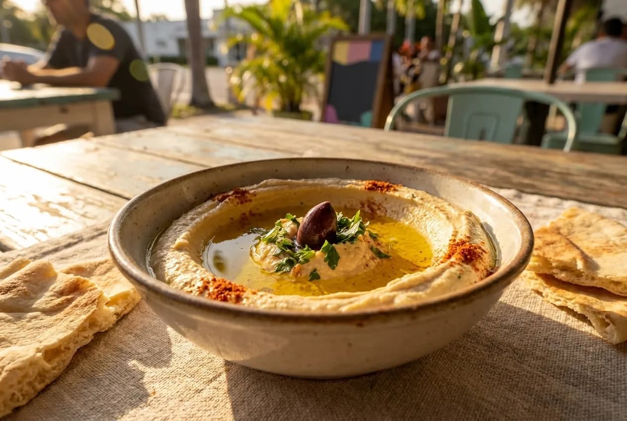 A bowl of hummus with a pool of oil in the centre, bread torn beside it