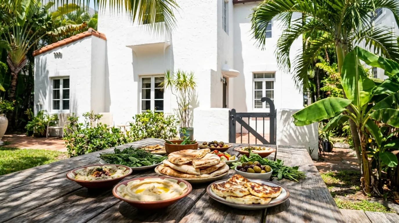 Mediterranean meze spread with pita and dips at Miami restaurant