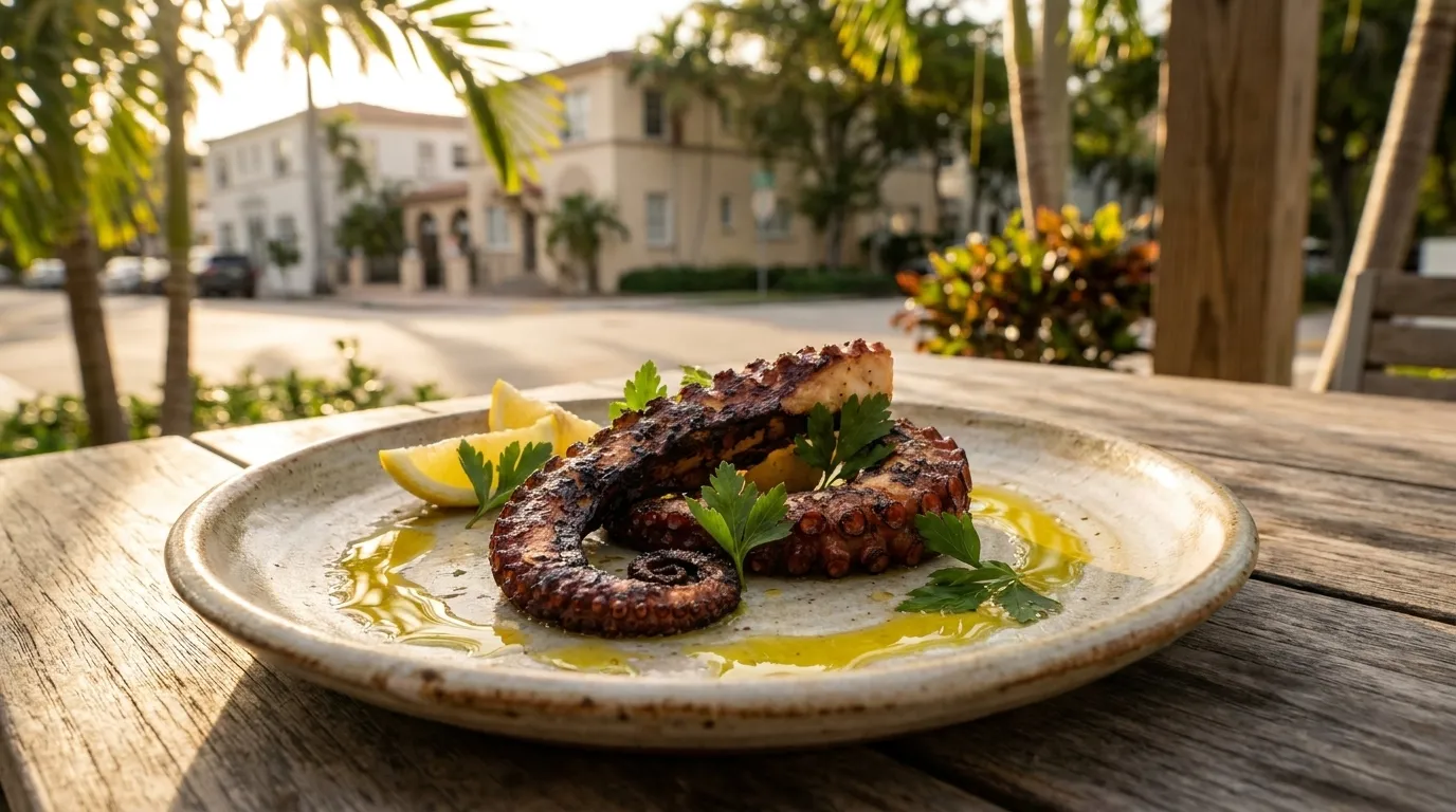 Grilled octopus with charred lemon on ceramic plate