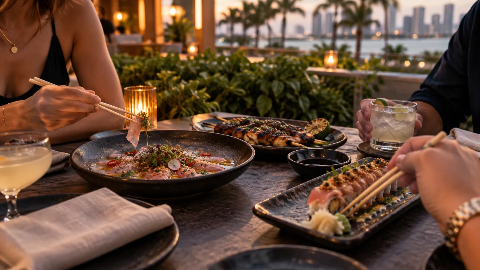 Close rooftop table with shared sushi, crudo and grilled skewers on dark plates, linen napkins, low greenery and warm open-air dining light.