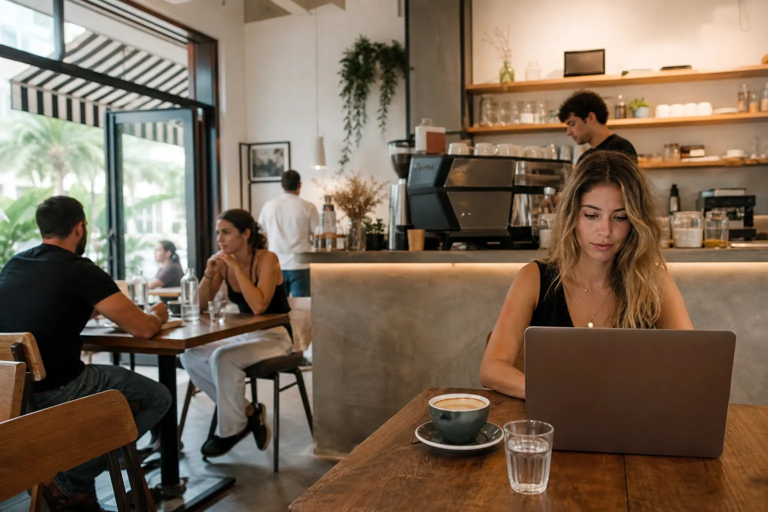 Quiet Miami coffee shop counter with a laptop-friendly setup