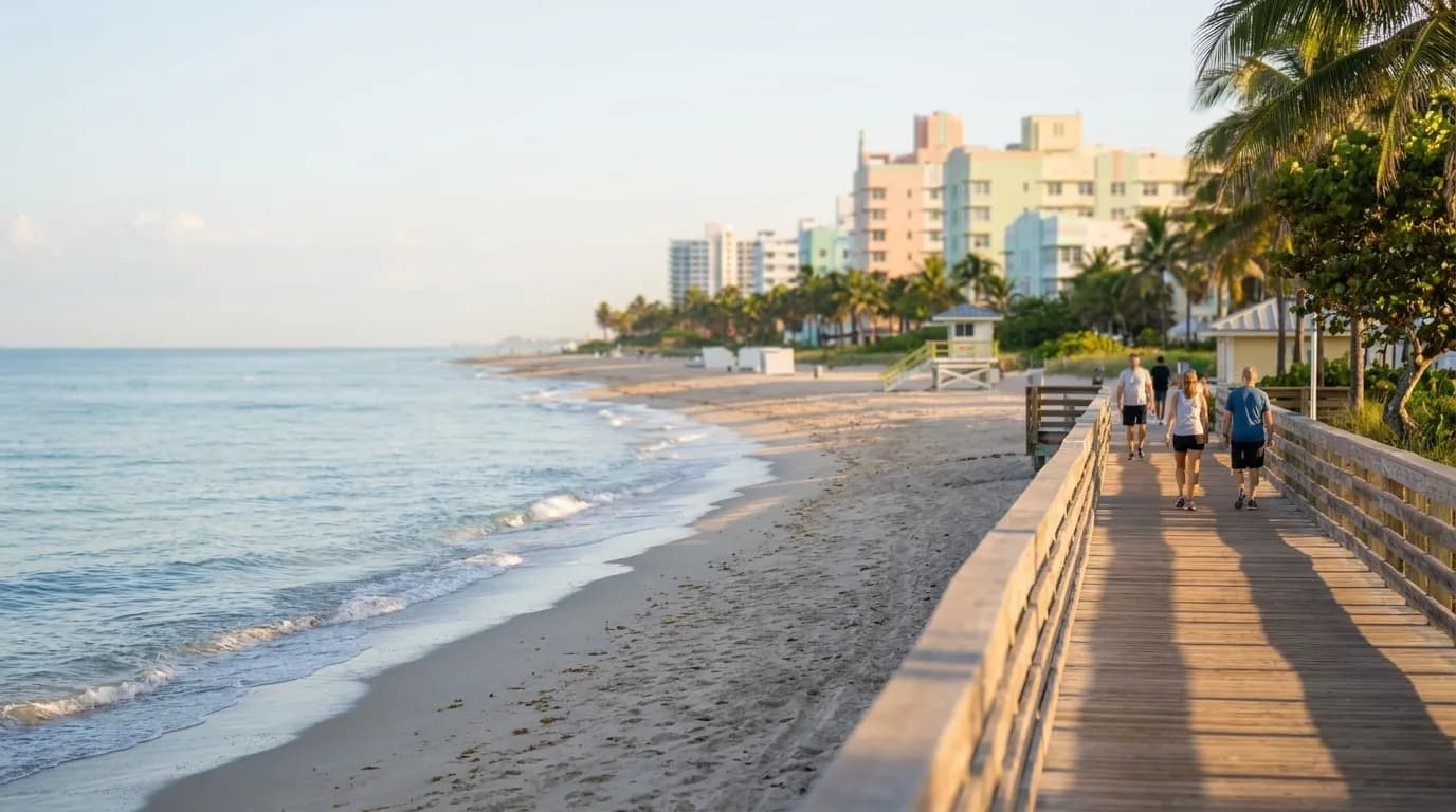 Morning light on North Beach boardwalk with Atlantic Ocean in Miami Beach
