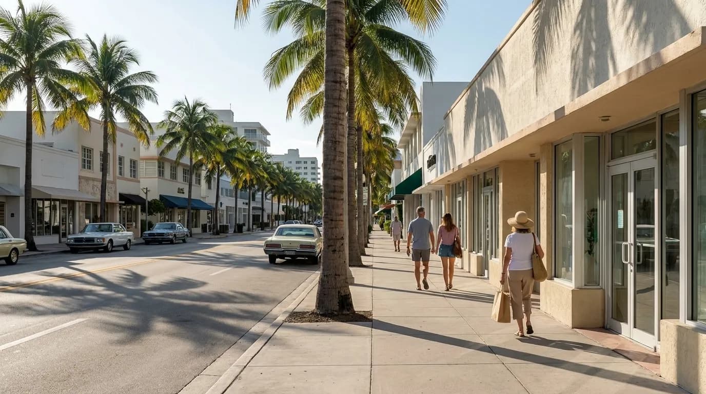 Tree-lined street in Surfside neighborhood near Miami Beach
