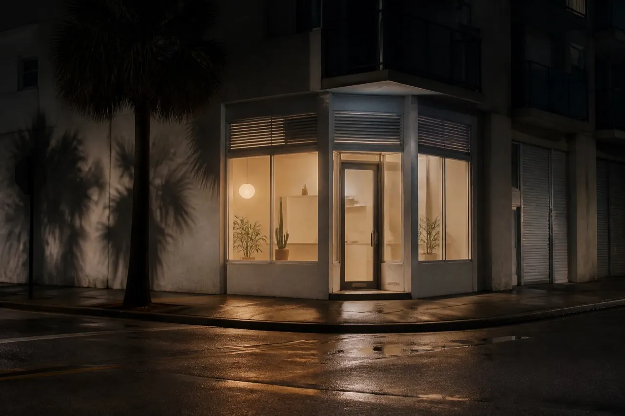 Small Miami storefront lit from inside after dark
