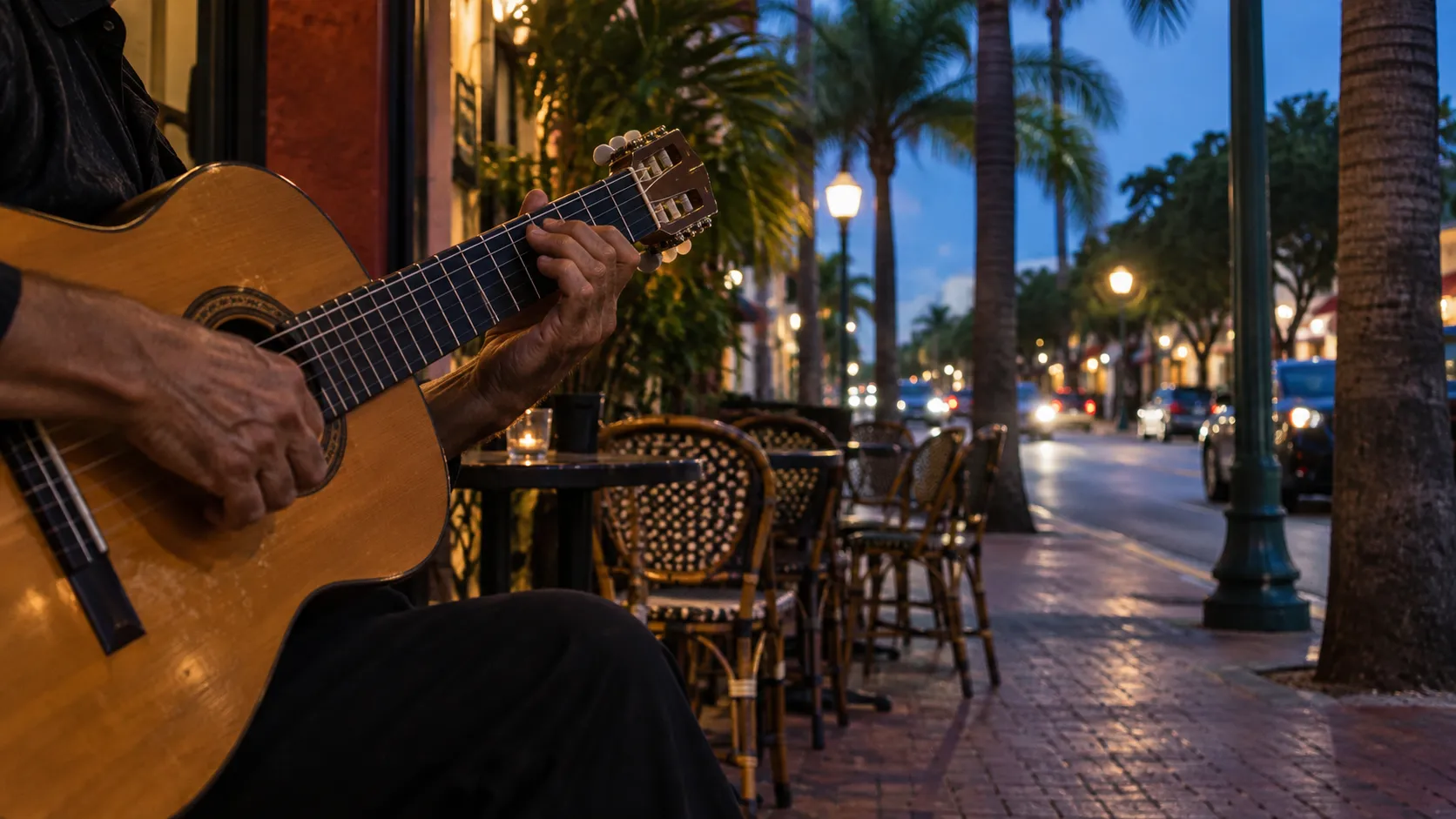 At sunset, a musician's hands and guitar sit before empty café chairs, palms and a softly lit Calle Ocho sidewalk in cool blue light.