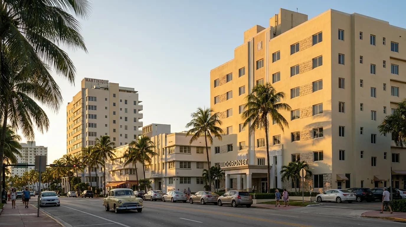 Collins Avenue in North Beach, Miami, with art deco buildings and palm trees lining the street