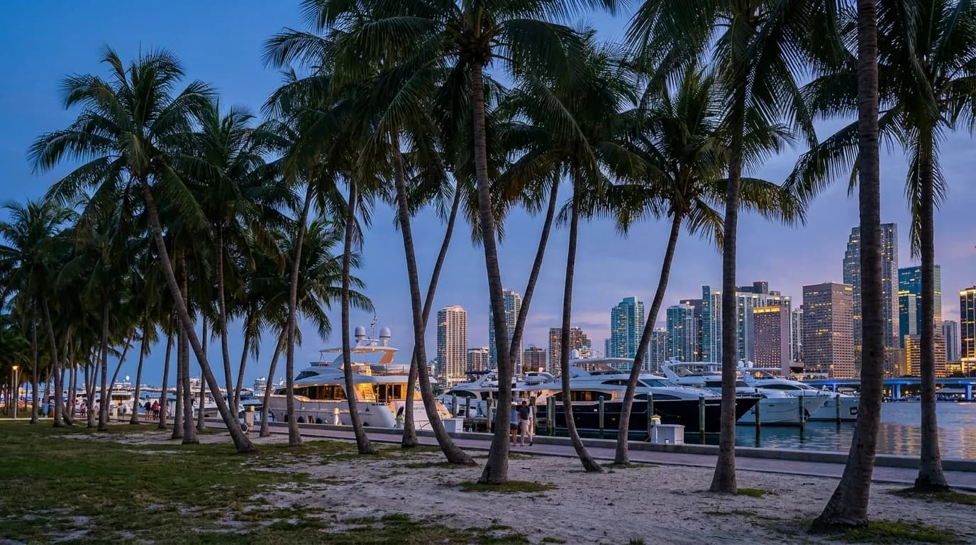 Biscayne Bay waterfront with boats and Miami skyline in background