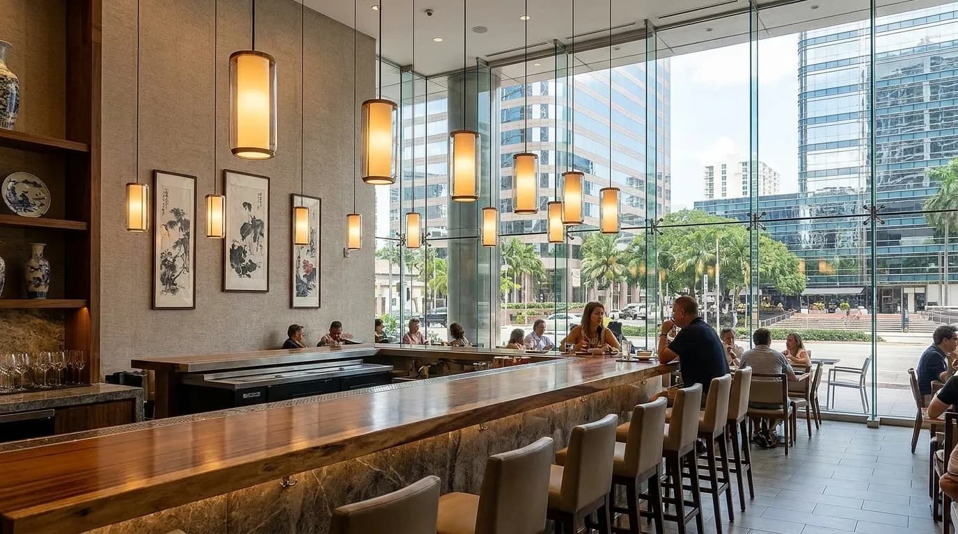 Brickell Avenue in Miami with modern buildings and palm trees