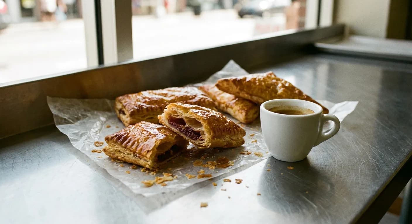 Glazed guava pastelitos on a stainless bakery counter in Miami morning light, one broken open to show red guava paste