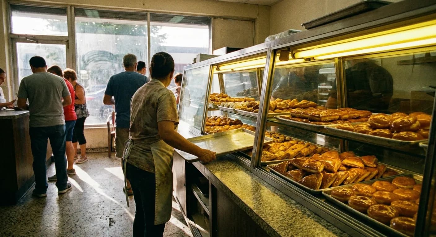 Glass display case in a Cuban bakery filled with trays of glazed pastelitos in rectangles, triangles and rounds
