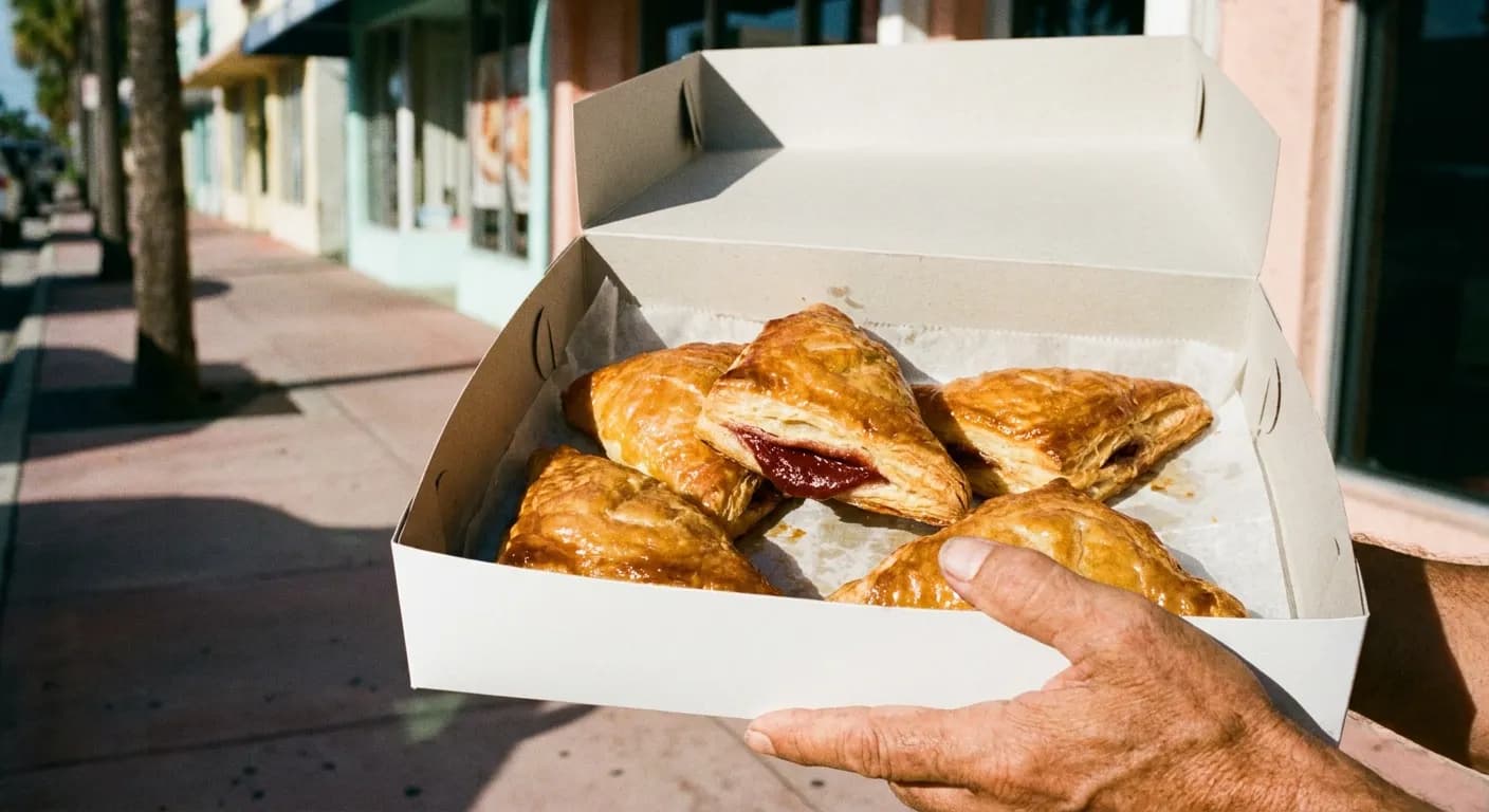 Open white bakery box of glossy pastelitos held on a Miami sidewalk, one triangular guava and cheese pastry lifted out