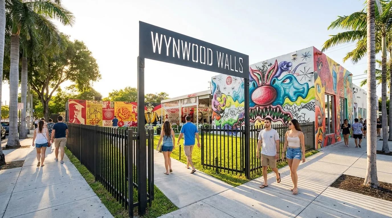 Colorful Wynwood street with outdoor murals and palm trees in Miami