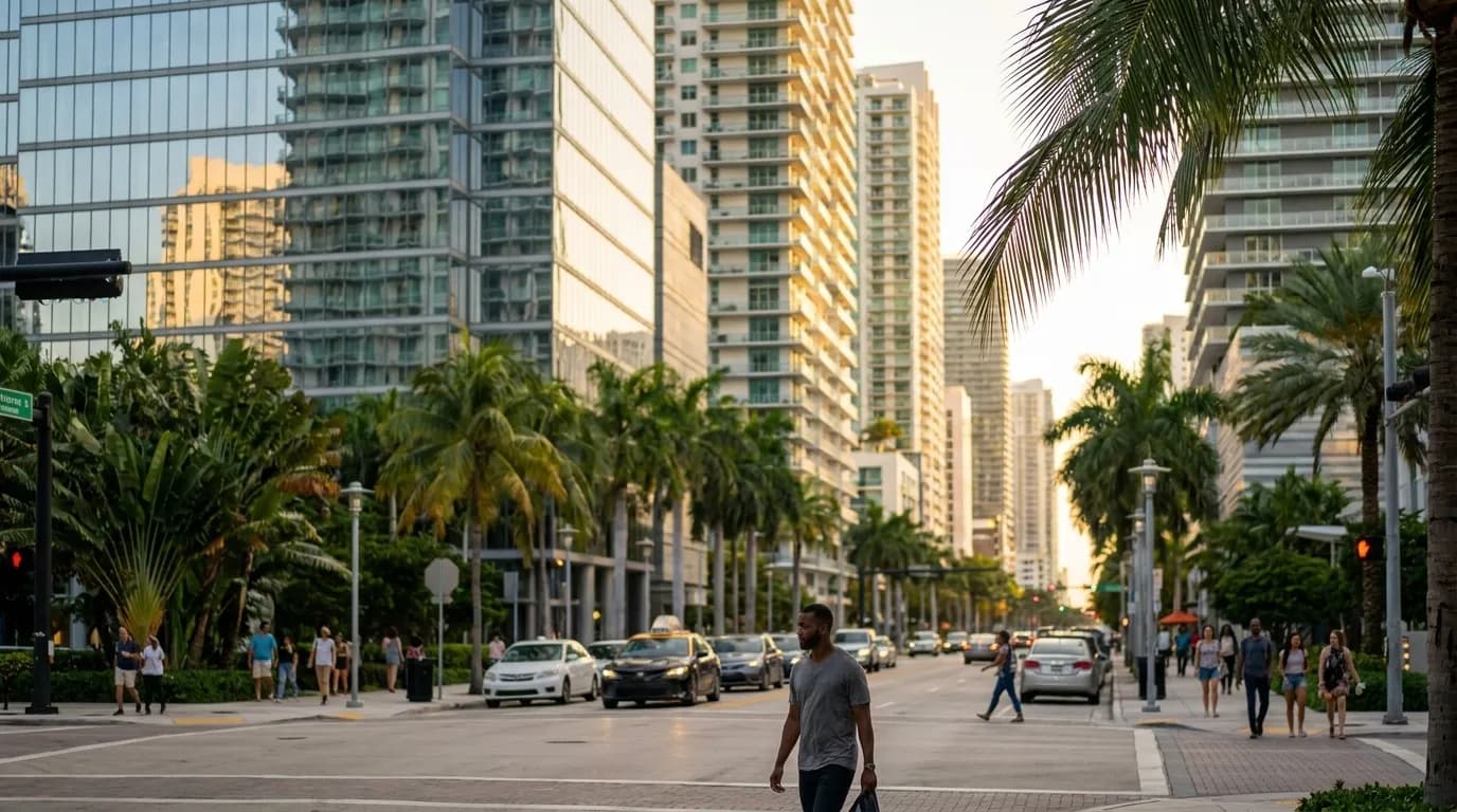Brickell Avenue in Miami with modern buildings and pedestrian sidewalk