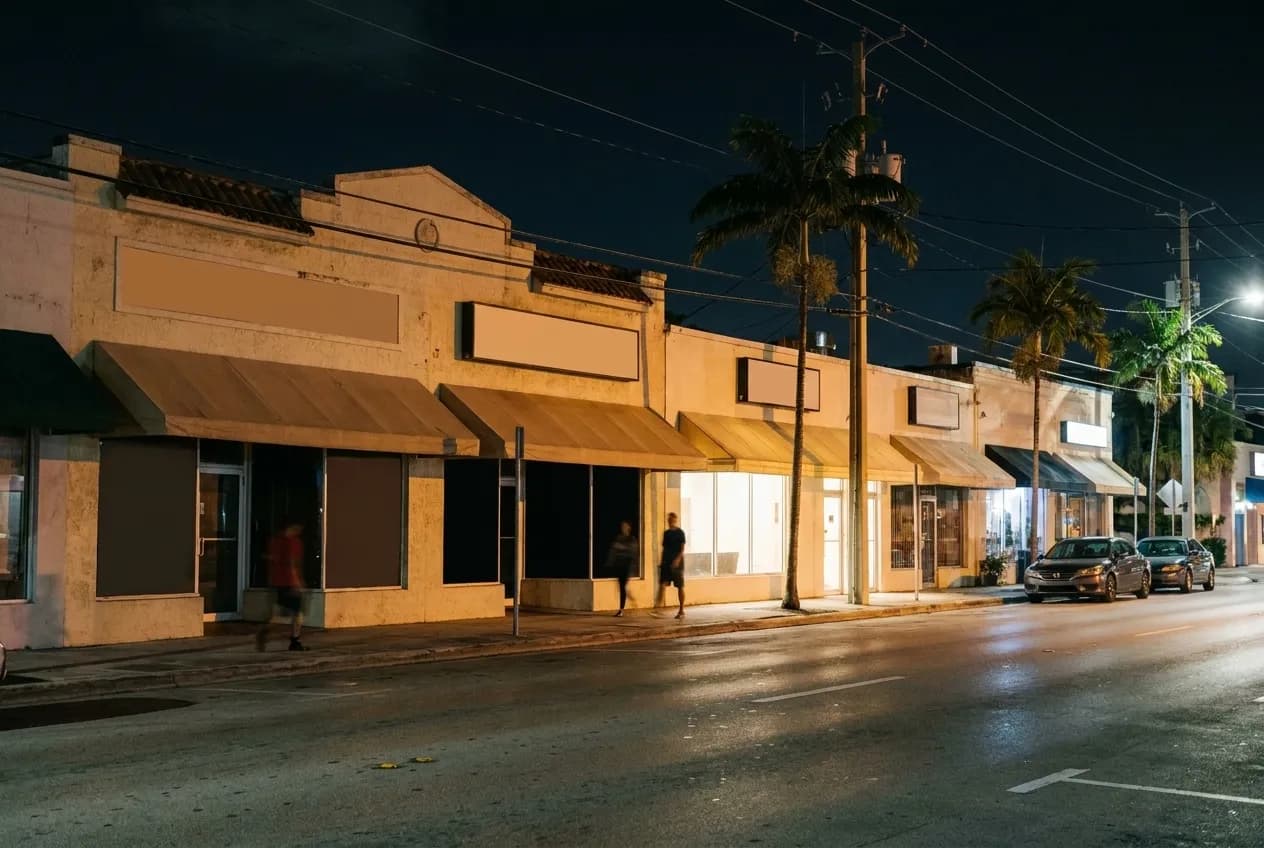 A low commercial street in Miami at night, awnings over dark shopfronts