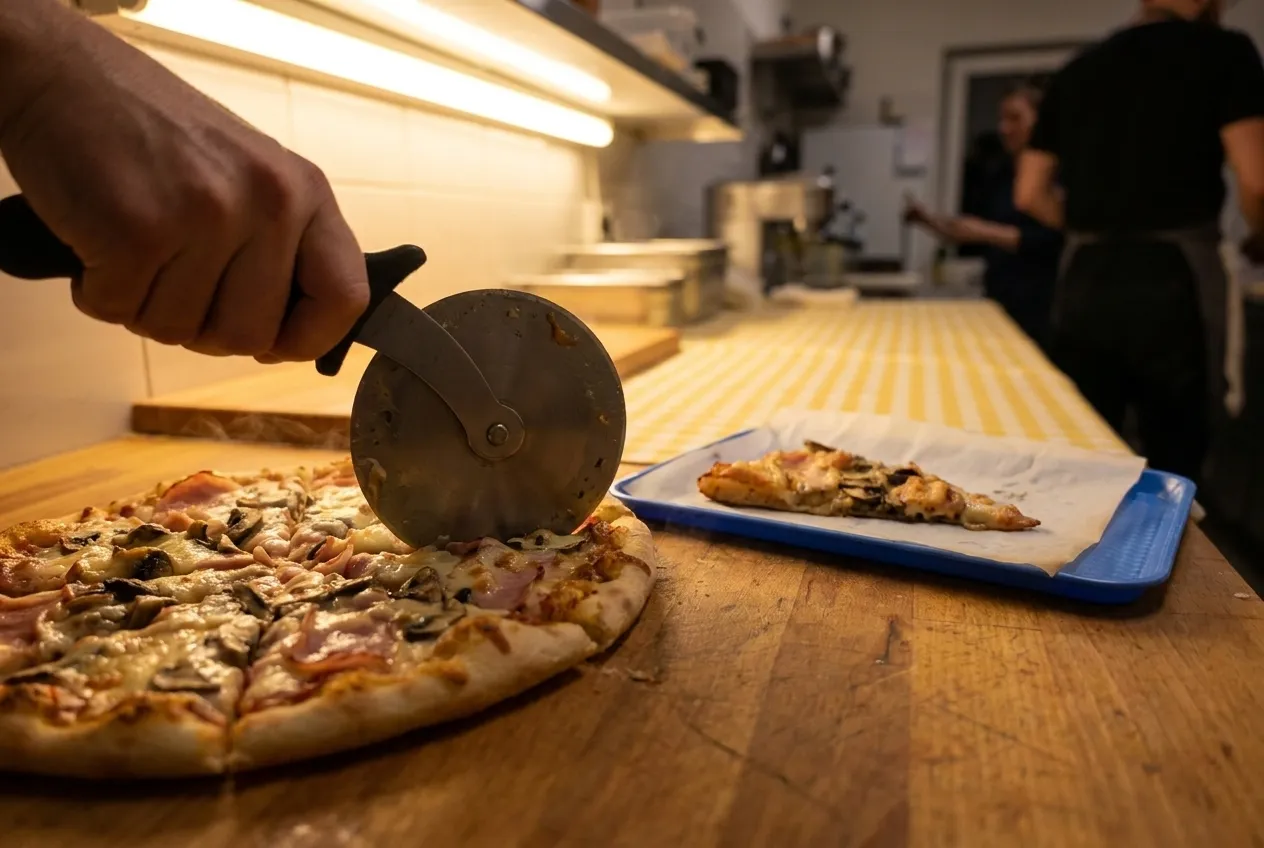 A slice being cut at a counter late in the evening under strip lighting