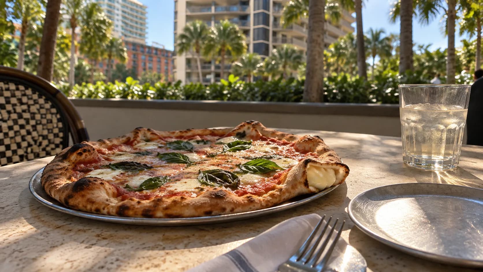 Thin pizza with glossy mozzarella, basil and a folded cheese-filled star point on a shaded outdoor table beside a glass.