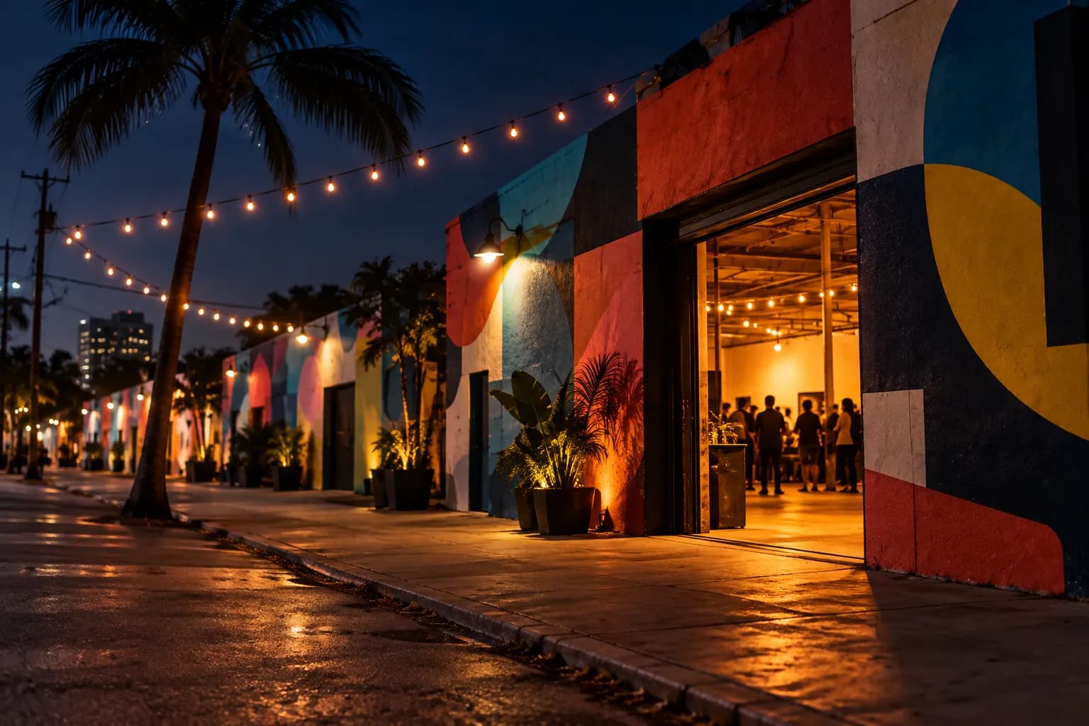 A Wynwood street at night with painted walls and warm doorway light