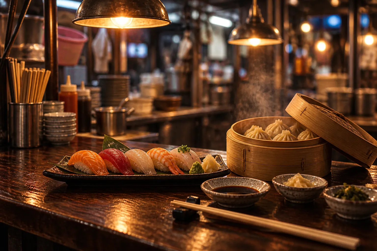 A counter of sushi and dumplings under warm hanging lights