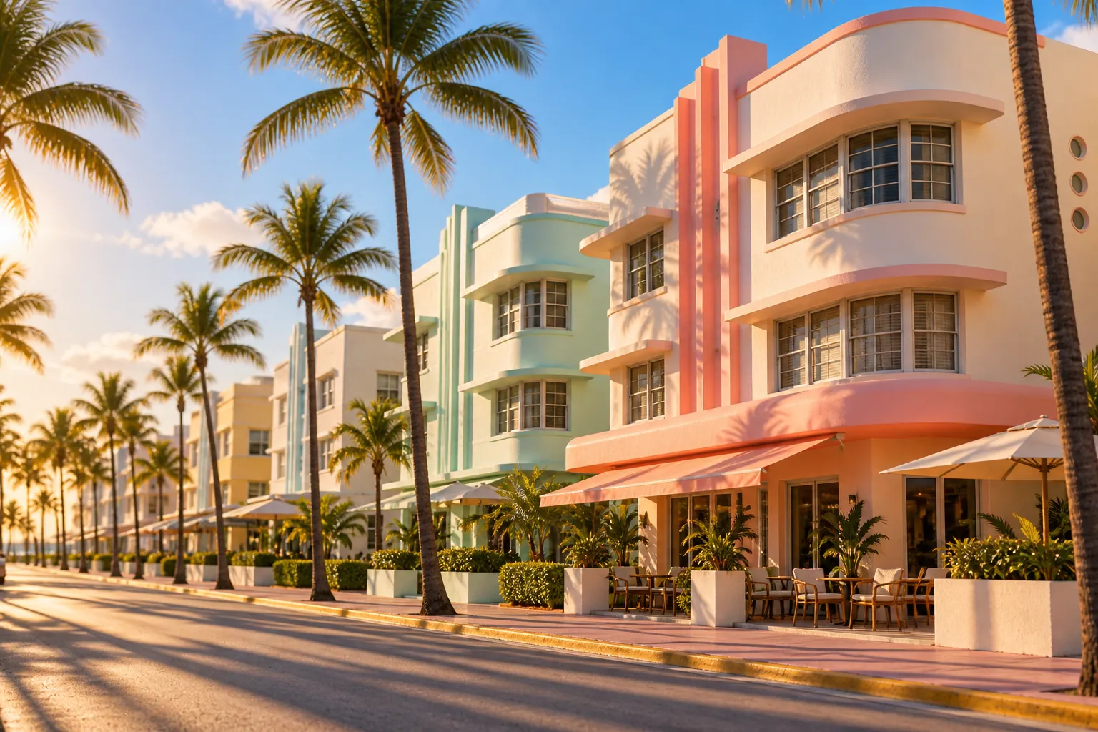 A South Beach street of deco buildings in late afternoon light