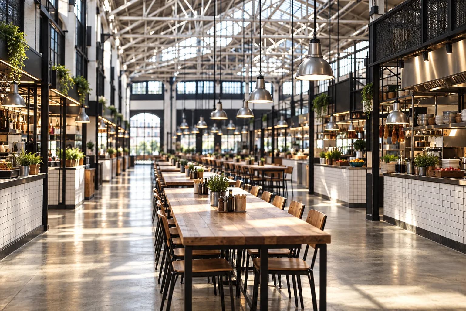 A large open food hall with communal tables and counters along the walls