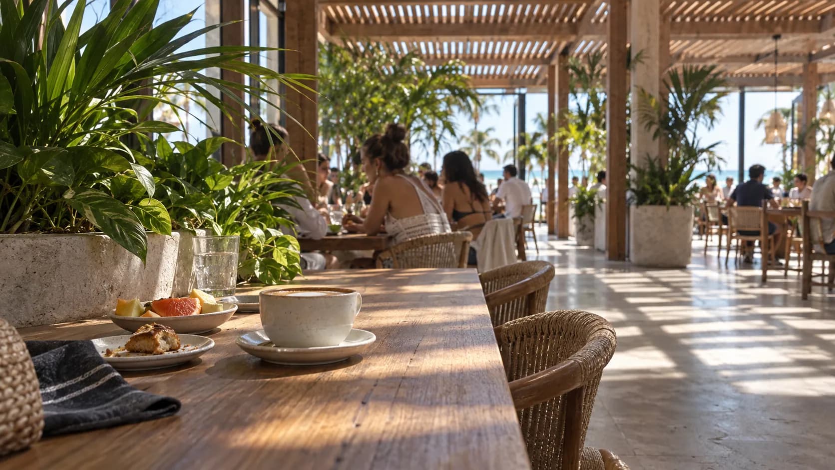 Communal table inside The Lincoln Eatery with coffee, small plates, leafy planters, timber beams and strips of midday light across concrete.