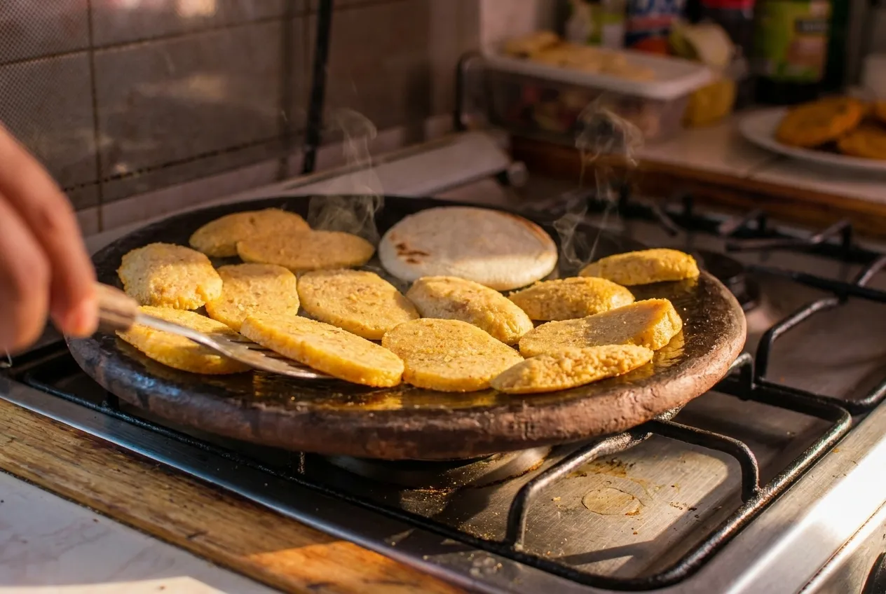 Corn cakes cooking on a hot griddle at a food counter