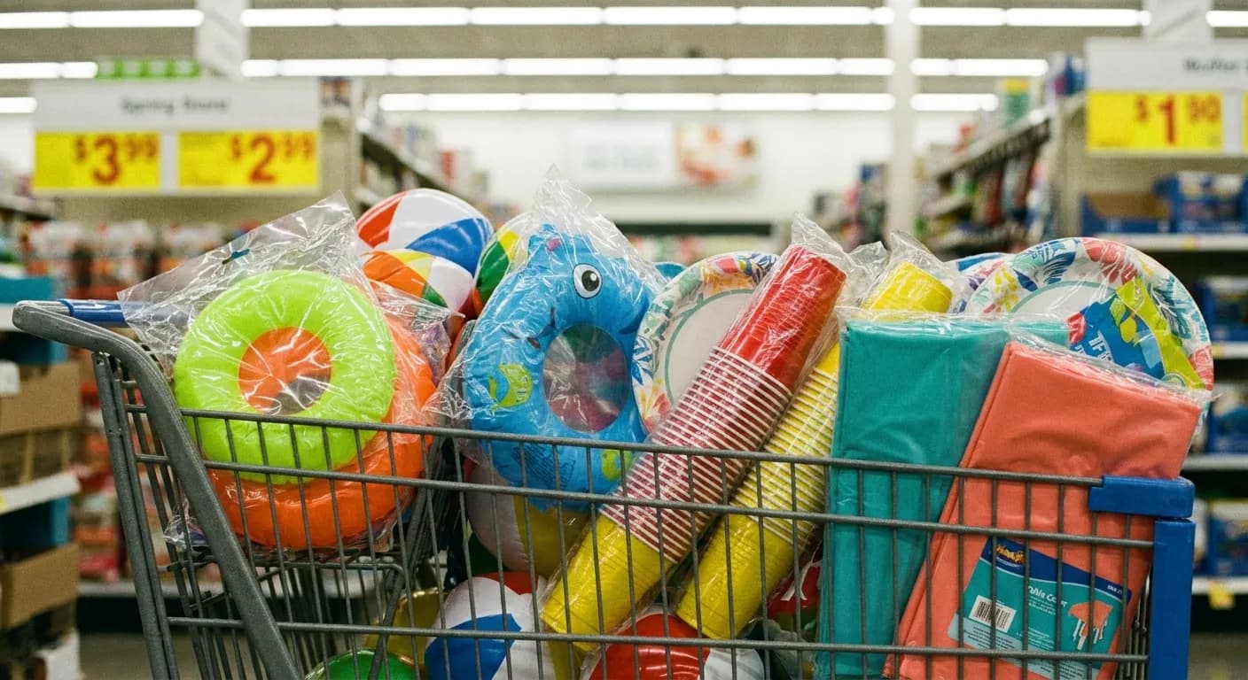 Close-up of dollar store pool party supplies in a shopping cart including inflatable swim rings, plastic cups and paper tableware
