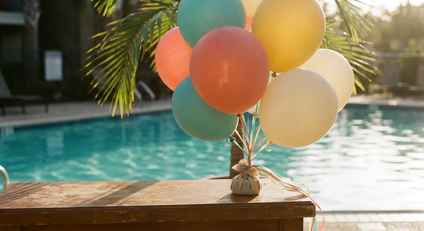 Cluster of colorful helium balloons tied to a weight on a table beside a sunlit Miami apartment pool