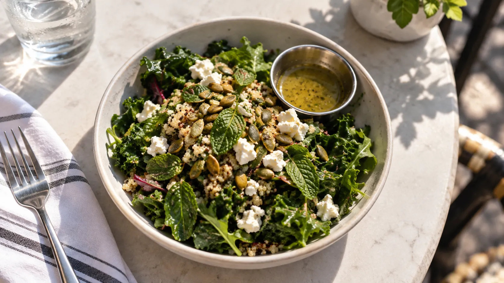 Close overhead view of Jen’s Herb salad with dark greens, quinoa, herbs, pumpkin seeds, feta and vinaigrette in soft morning light.