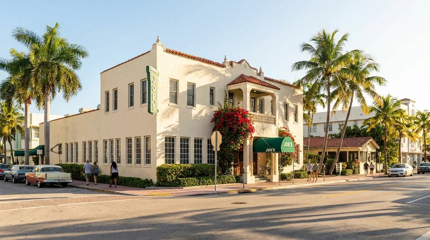 Joe's Stone Crab storefront on Miami Beach with its iconic green awning and sidewalk queue