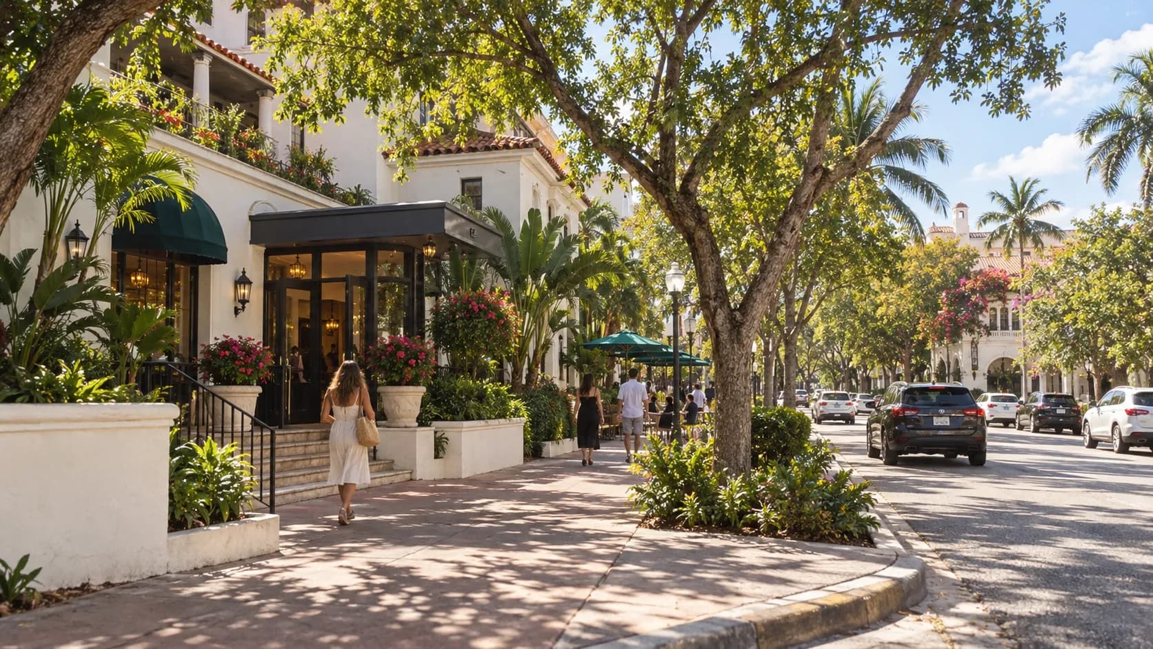Daytime Florida Avenue approach to Bombay Darbar’s Suite 810 entrance, with Coconut Grove streetscape near Mayfair House and Garden Hotel, no readable signage.