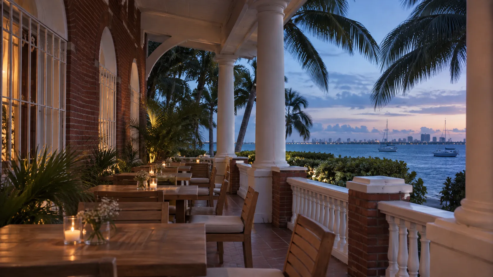 Covered outdoor terrace with empty tables and natural-wood chairs leading towards Biscayne Bay beneath palms in blue early-evening light.