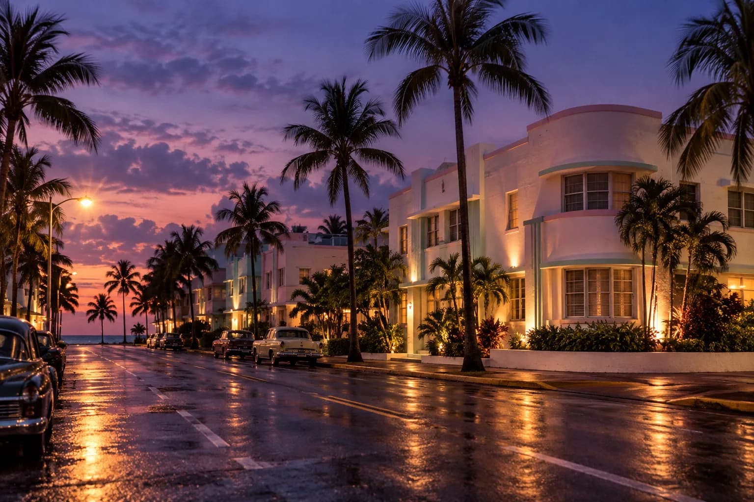 A quiet South Beach street corner at dusk with low buildings and palms