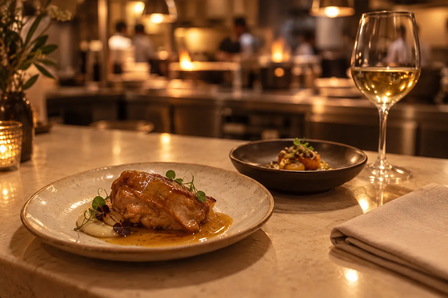A chef's counter with plated courses under warm low light