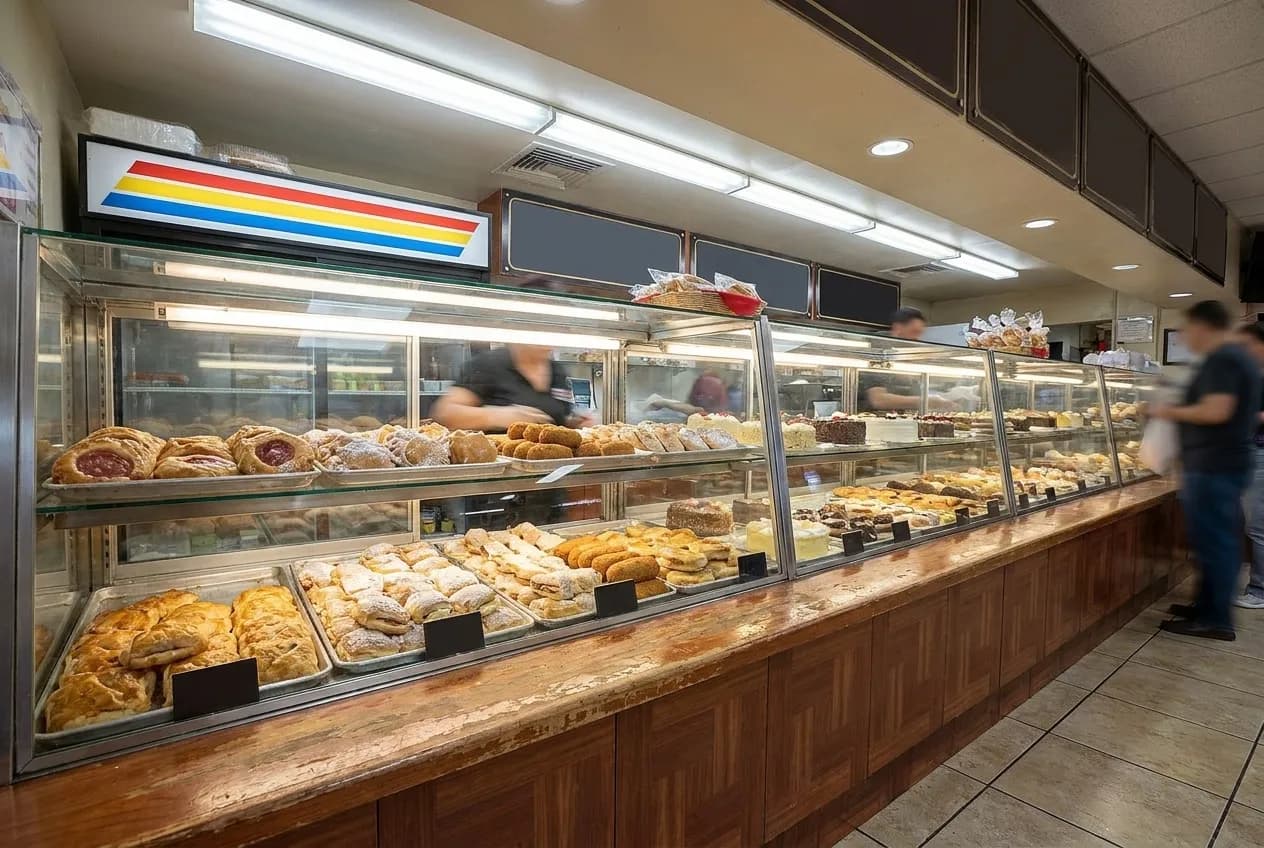 A bakery case of pastries behind glass at a counter that has not closed