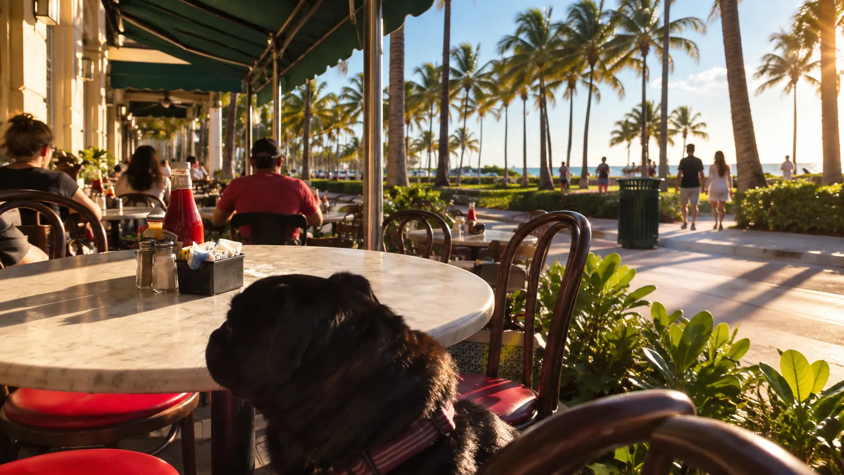 Wide late-afternoon view of News Cafe’s Ocean Drive patio, with marble tables, dark chairs, green awning, palms and the bright Atlantic horizon.