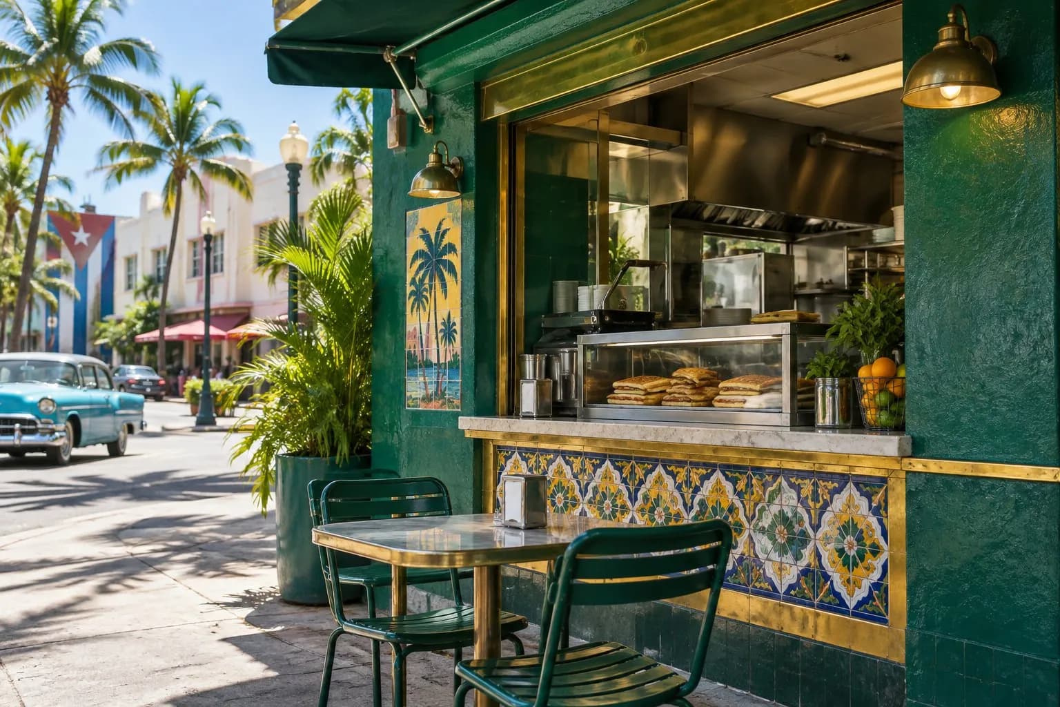 Emerald-green tiled counter seating inside Sanguich de Miami on Calle Ocho in Little Havana