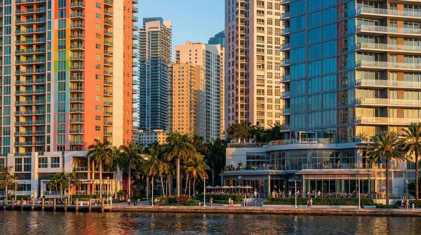 Evening view of Miami's Brickell district where competitive reservation dining thrives