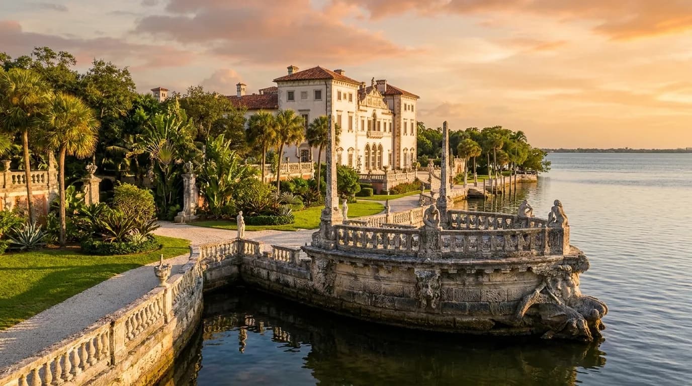 Vizcaya Museum and Gardens waterfront terrace overlooking Biscayne Bay in Miami