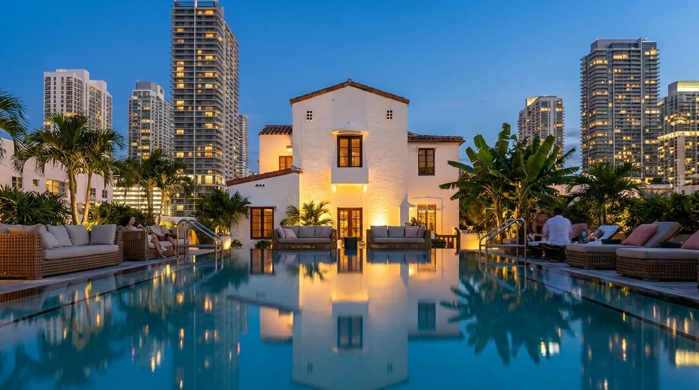 Sugar rooftop bar at EAST Miami hotel in Brickell with city skyline views