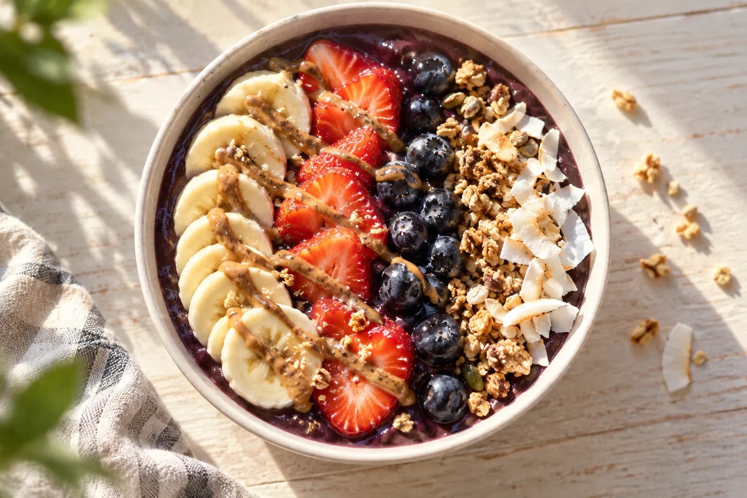 An acai bowl topped with fruit, granola and seeds