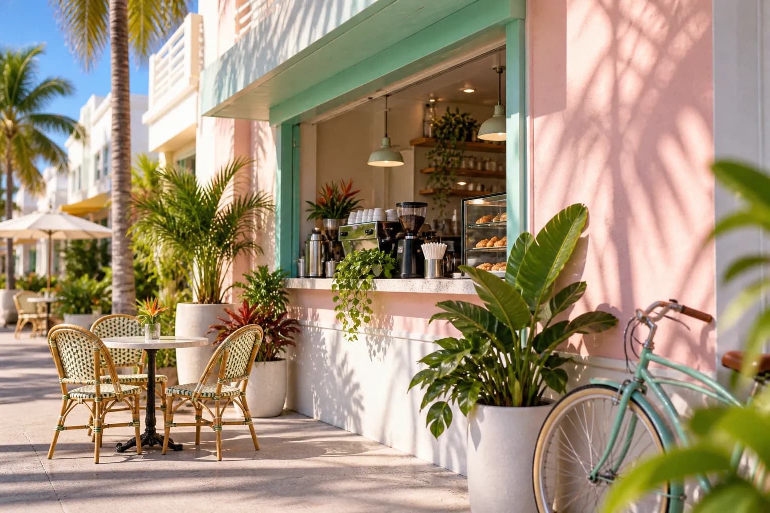 A small tropical café frontage on a South Beach street in morning light