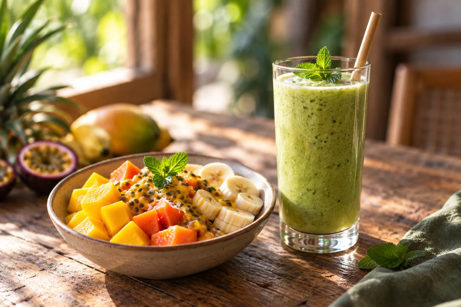 A green smoothie and a bowl of tropical fruit on a wooden table